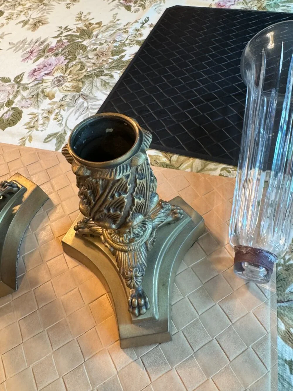 Pair of Metal & Glass Tall Unique Taper Candleholders Beveled Glass 17 1/2